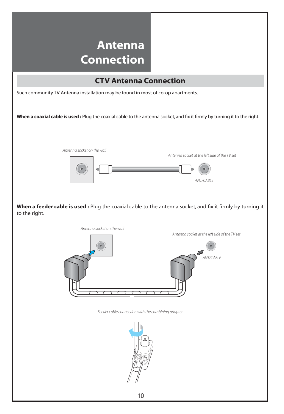 Antenna connection, Ctv antenna connection | Daewoo DLT-26C2 User Manual | Page 10 / 53