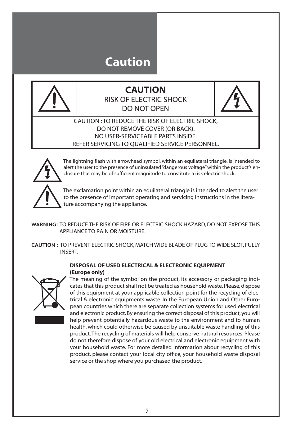 Caution, Risk of electric shock do not open | Daewoo DLT-26C2 User Manual | Page 2 / 53