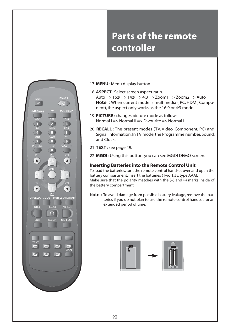Parts of the remote controller | Daewoo DLT-26C2 User Manual | Page 23 / 53