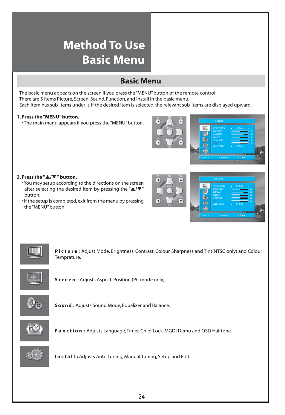 Method to use basic menu, Basic menu | Daewoo DLT-26C2 User Manual | Page 24 / 53