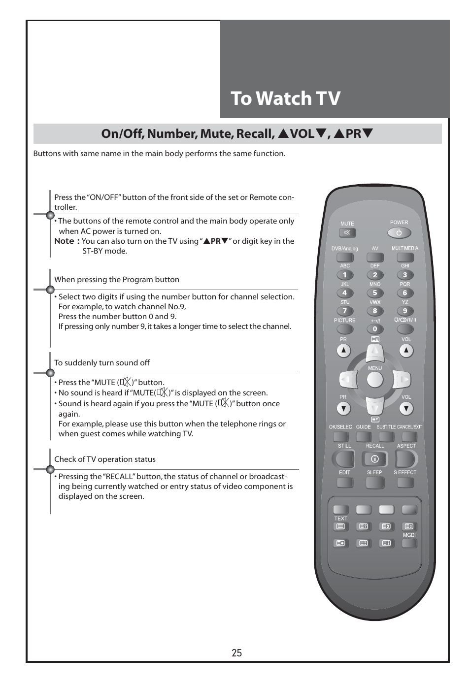 On/off, number, mute, recall, vol , pr | Daewoo DLT-26C2 User Manual | Page 25 / 53