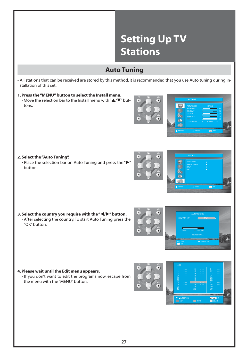 Setting up tv stations, Auto tuning | Daewoo DLT-26C2 User Manual | Page 27 / 53
