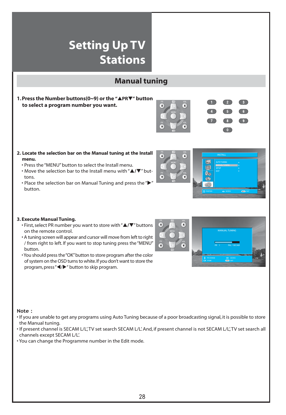 Setting up tv stations, Manual tuning, Press the number buttons(0~9) or the | Button to select a program number you want | Daewoo DLT-26C2 User Manual | Page 28 / 53