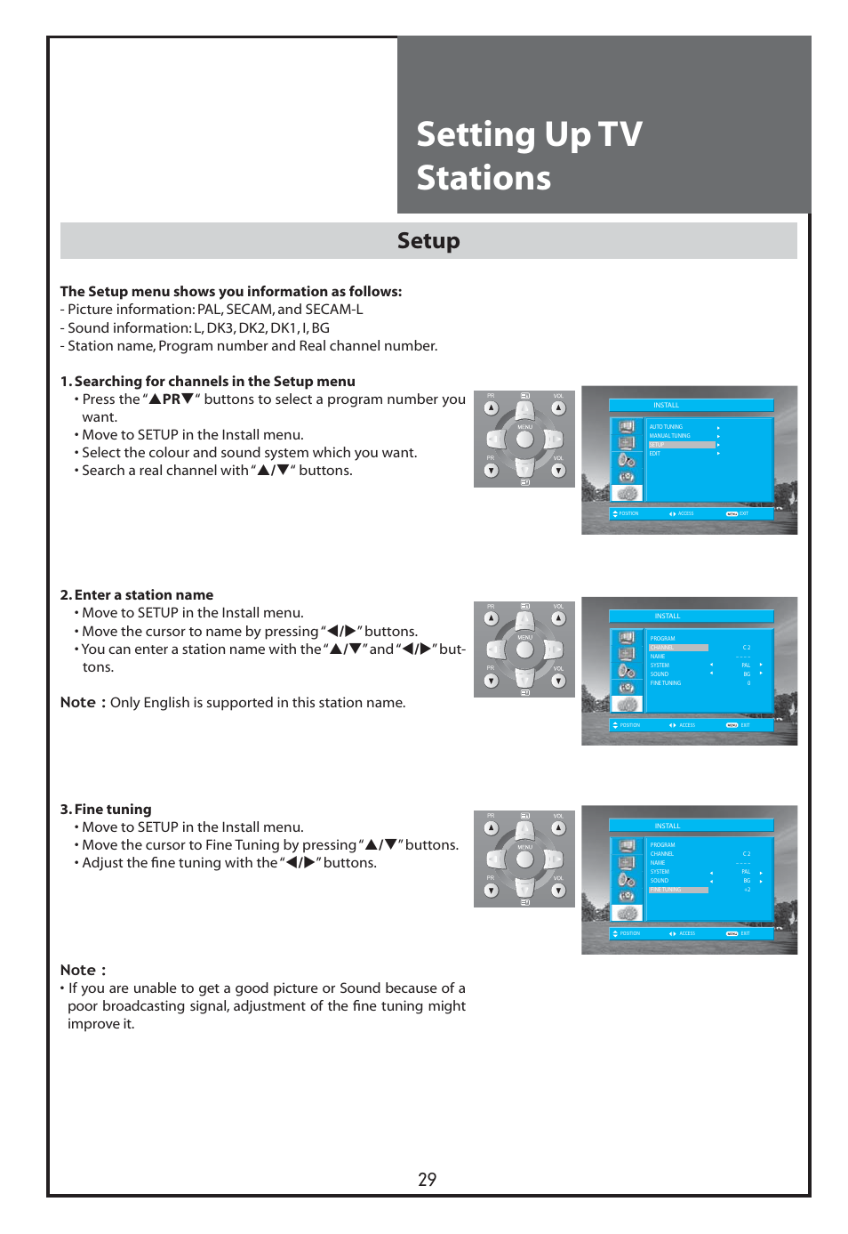 Setting up tv stations, Setup | Daewoo DLT-26C2 User Manual | Page 29 / 53