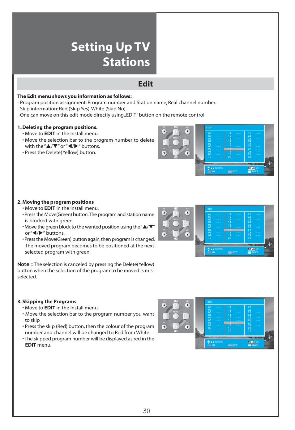 Setting up tv stations, Edit | Daewoo DLT-26C2 User Manual | Page 30 / 53