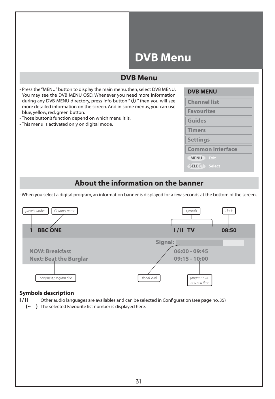 Dvb menu, About the information on the banner | Daewoo DLT-26C2 User Manual | Page 31 / 53