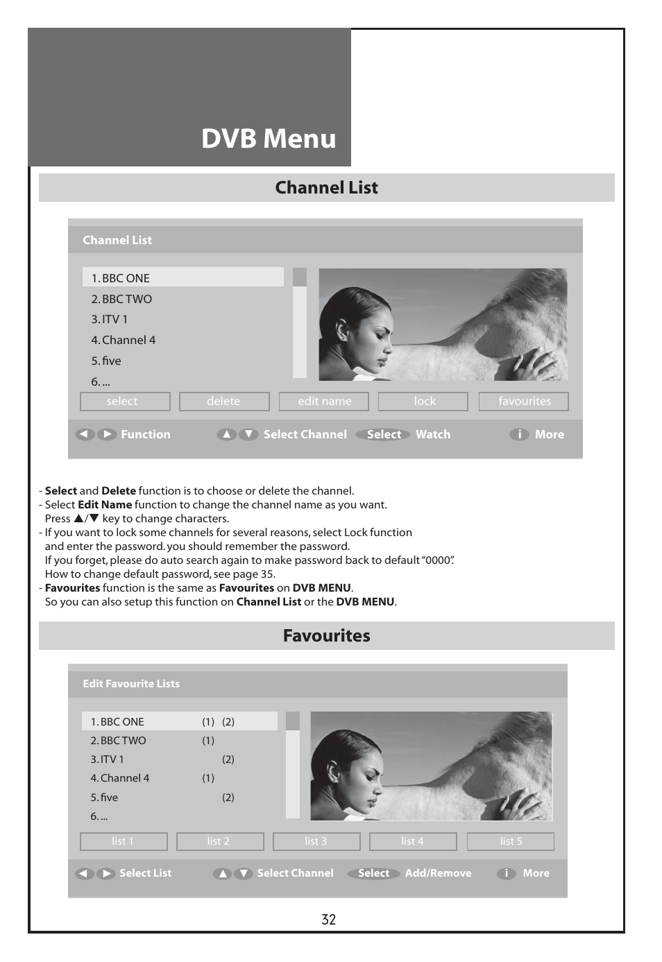 Dvb menu, Channel list, Favourites | Daewoo DLT-26C2 User Manual | Page 32 / 53