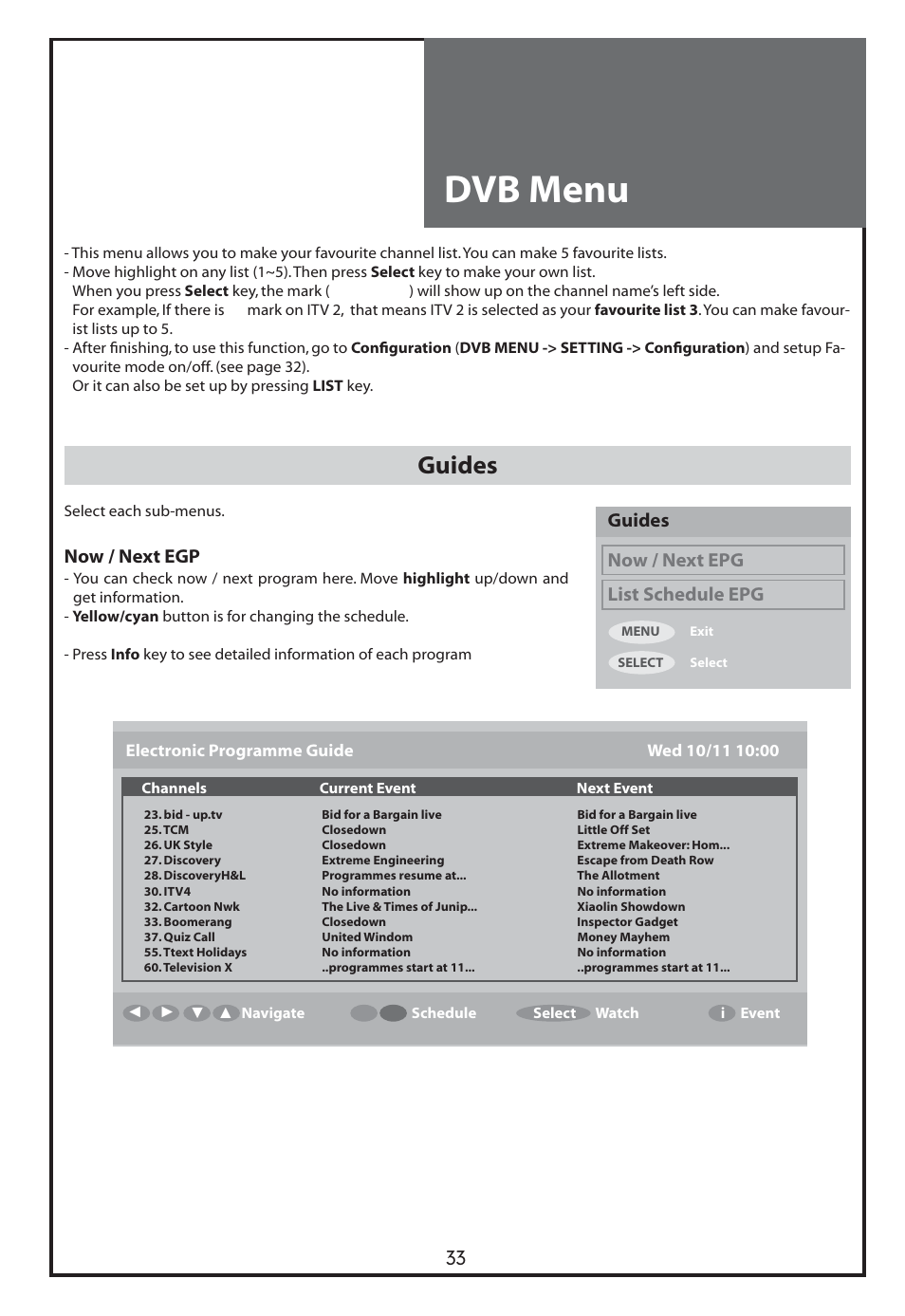 Dvb menu, Guides, 33 guides now / next epg list schedule epg | Now / next egp | Daewoo DLT-26C2 User Manual | Page 33 / 53