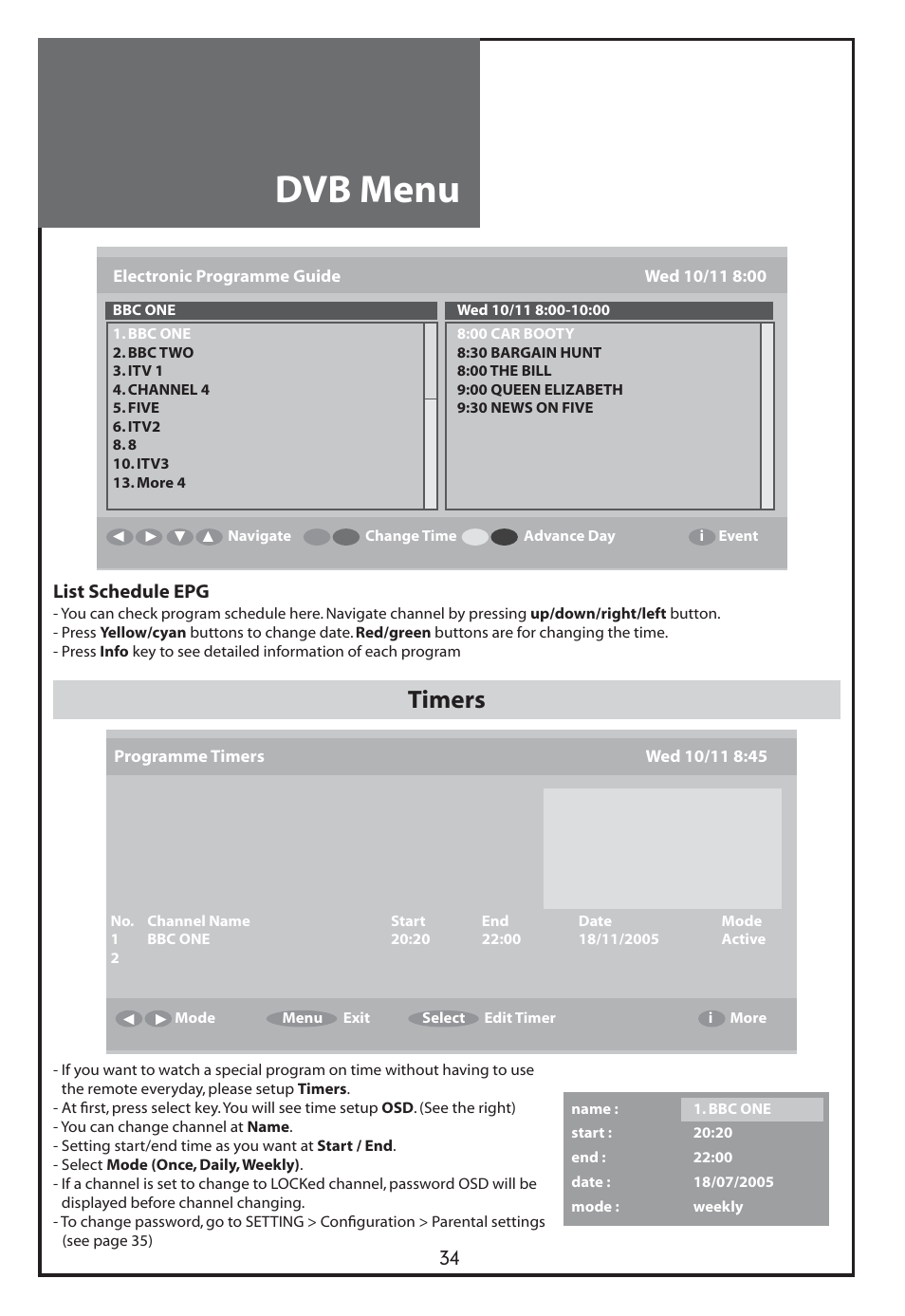 Dvb menu, Timers | Daewoo DLT-26C2 User Manual | Page 34 / 53