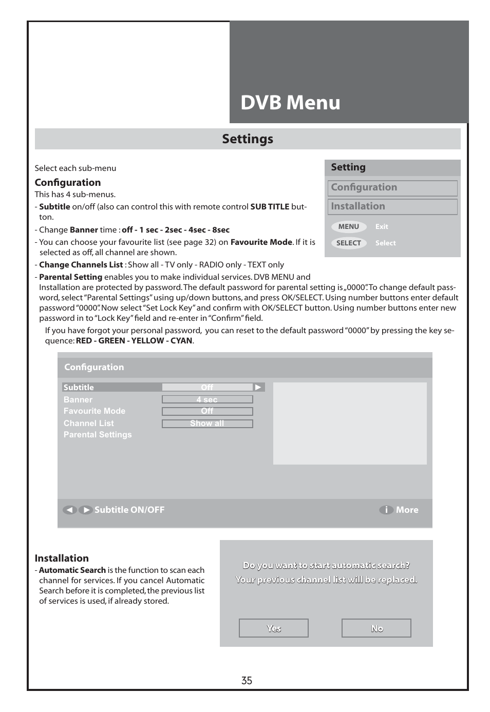 Dvb menu, Settings | Daewoo DLT-26C2 User Manual | Page 35 / 53