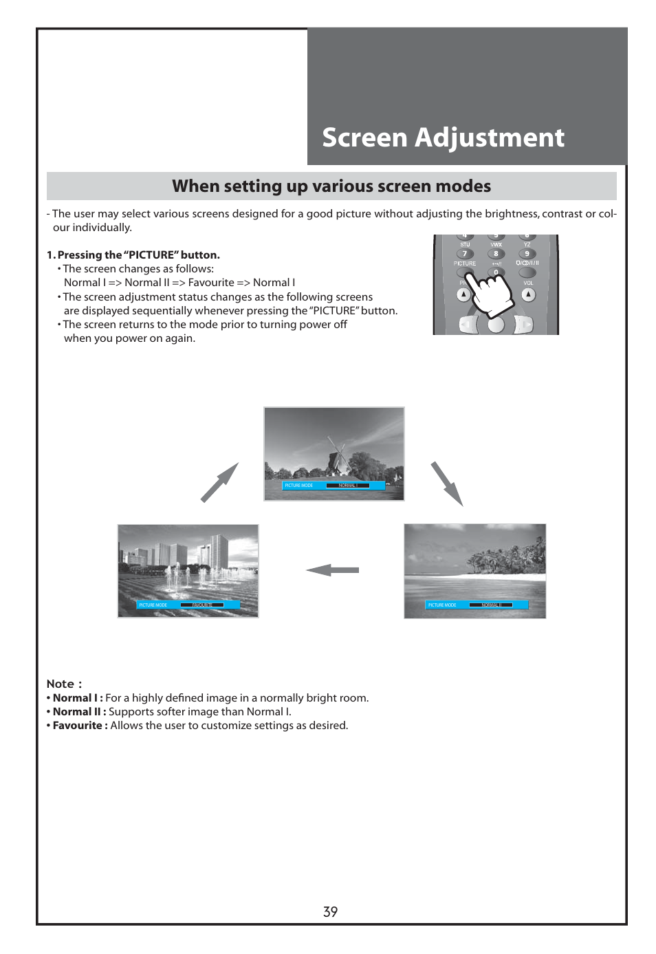 Screen adjustment, When setting up various screen modes | Daewoo DLT-26C2 User Manual | Page 39 / 53