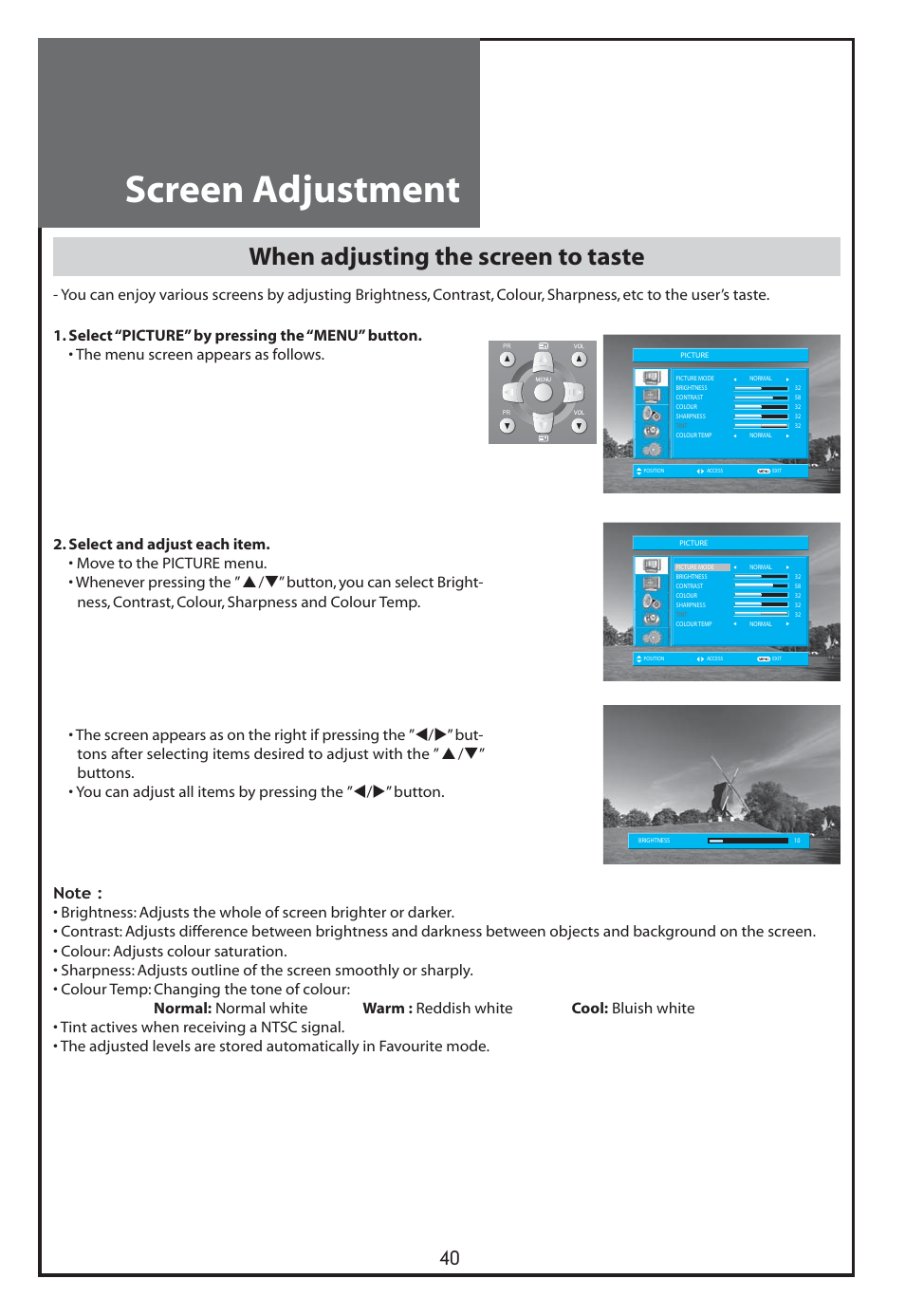 Screen adjustment, When adjusting the screen to taste | Daewoo DLT-26C2 User Manual | Page 40 / 53