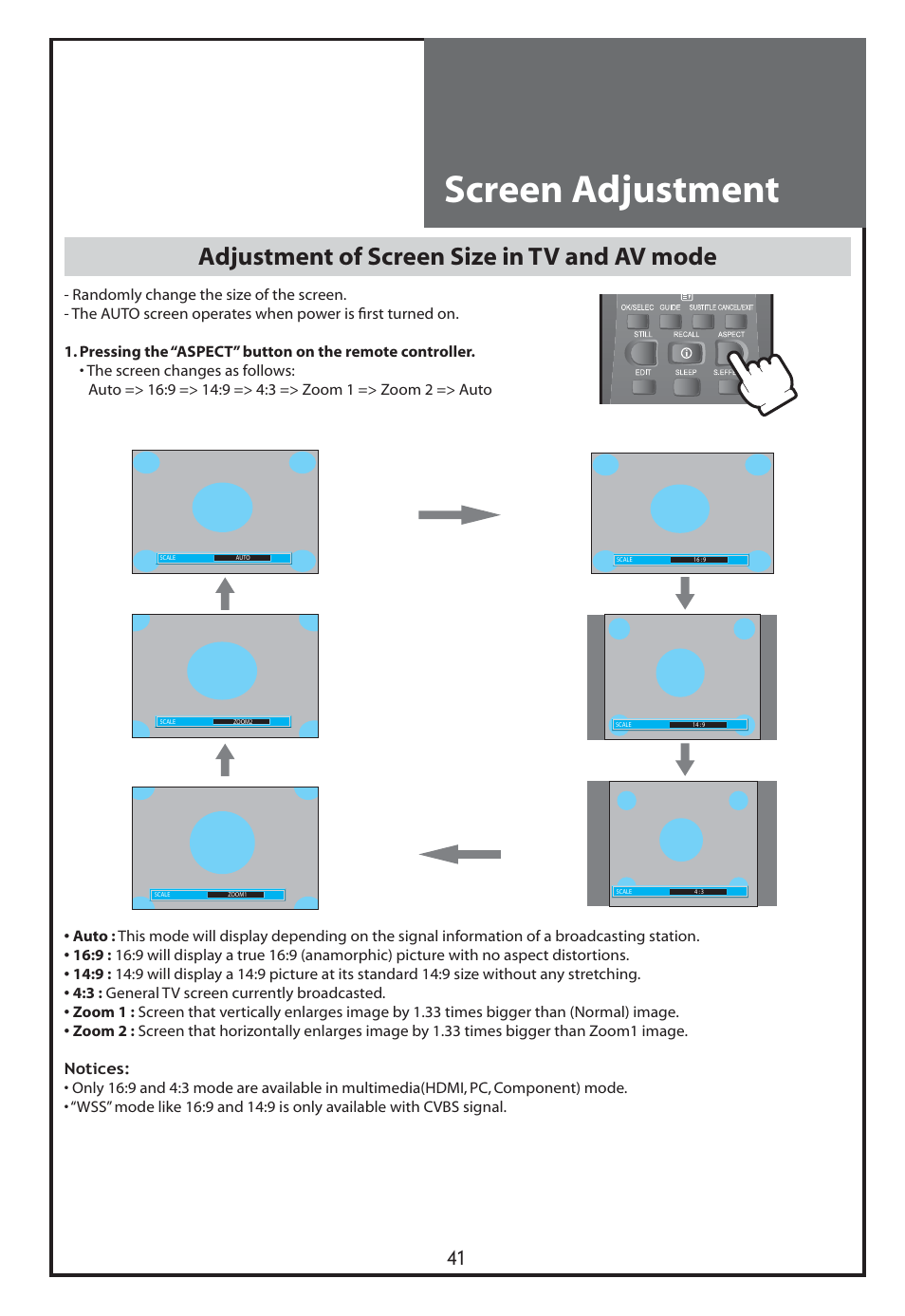 Screen adjustment, Adjustment of screen size in tv and av mode | Daewoo DLT-26C2 User Manual | Page 41 / 53