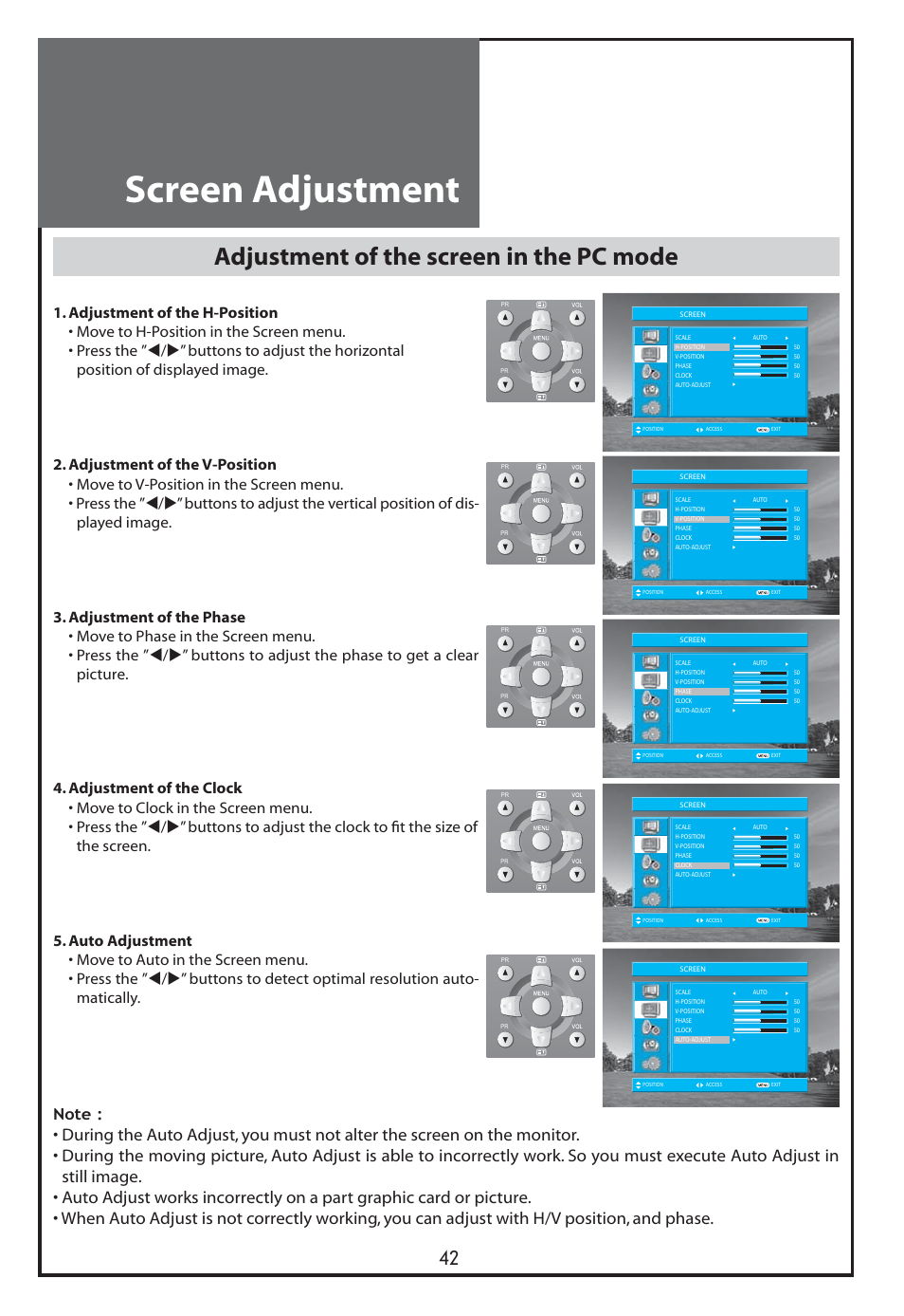 Screen adjustment, Adjustment of the screen in the pc mode | Daewoo DLT-26C2 User Manual | Page 42 / 53