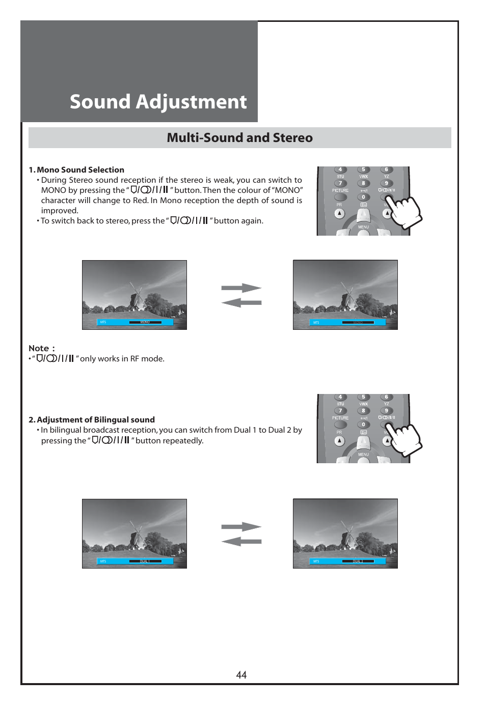 Sound adjustment, Multi-sound and stereo | Daewoo DLT-26C2 User Manual | Page 44 / 53