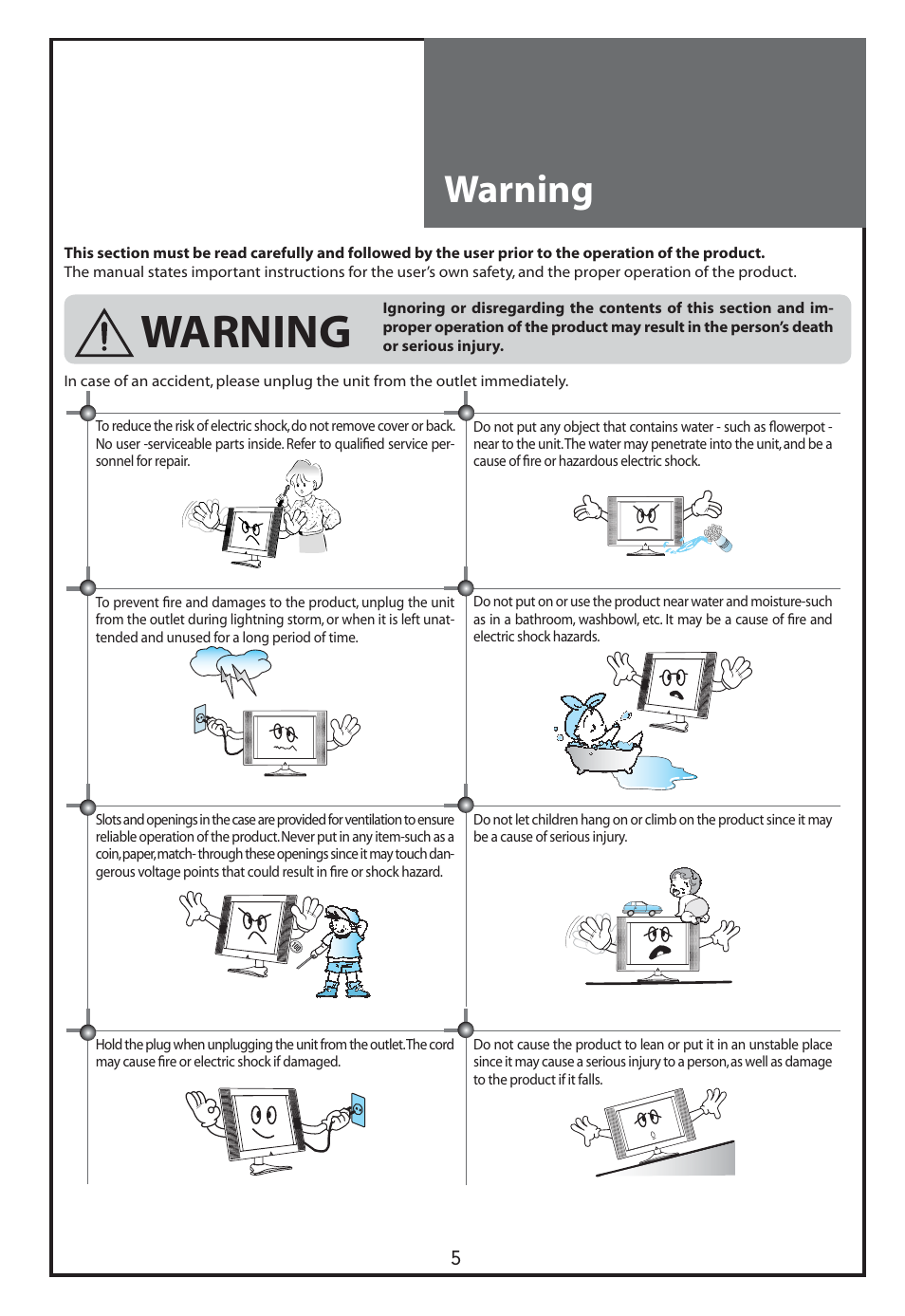 Warning | Daewoo DLT-26C2 User Manual | Page 5 / 53