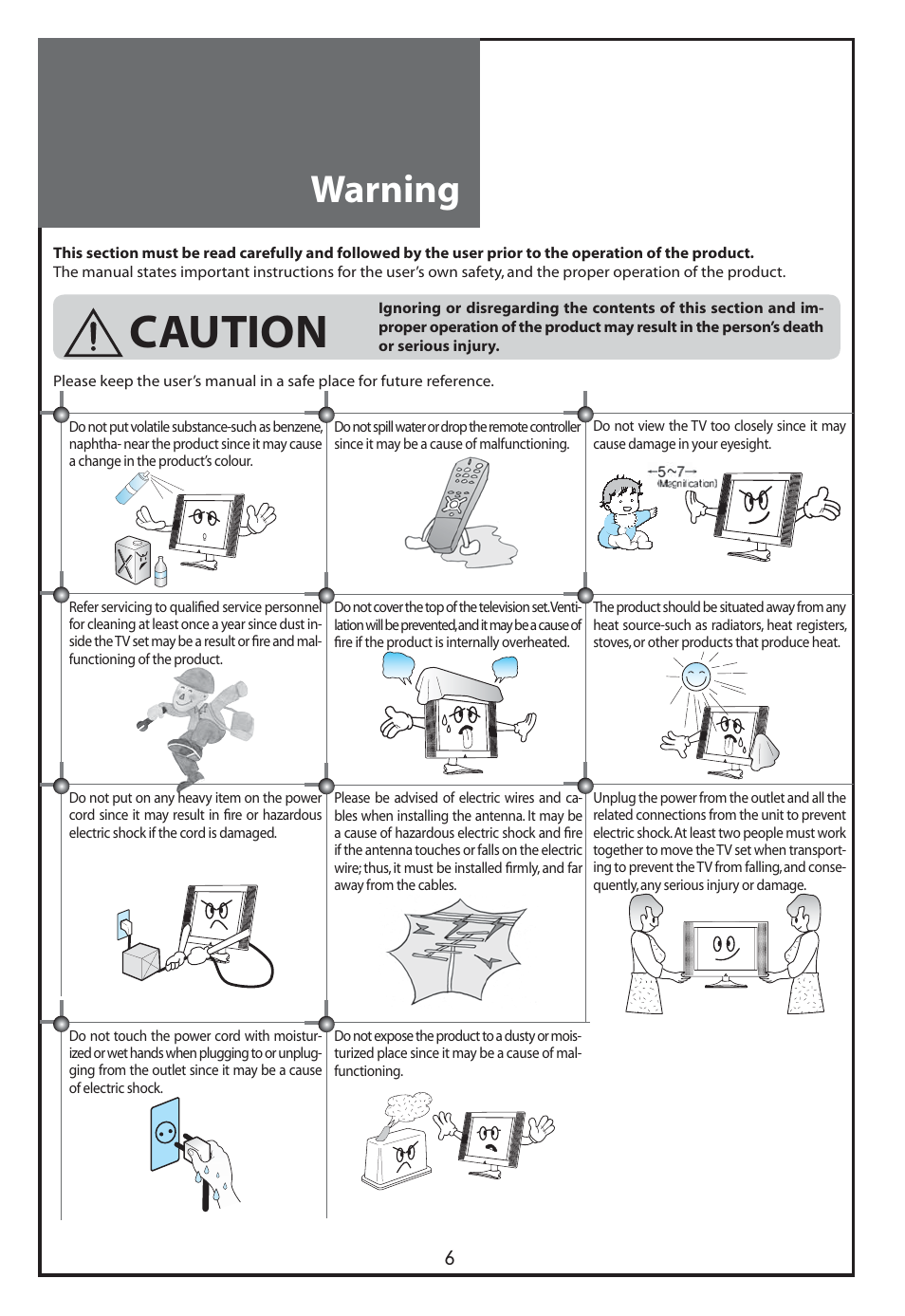 Caution, Warning | Daewoo DLT-26C2 User Manual | Page 6 / 53