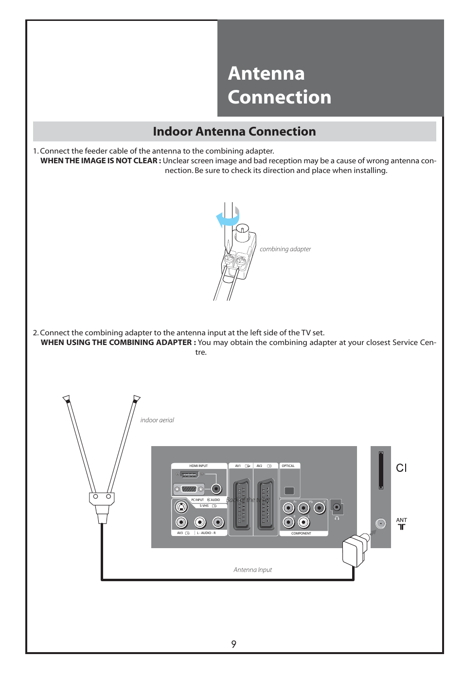 Antenna connection, Indoor antenna connection | Daewoo DLT-26C2 User Manual | Page 9 / 53