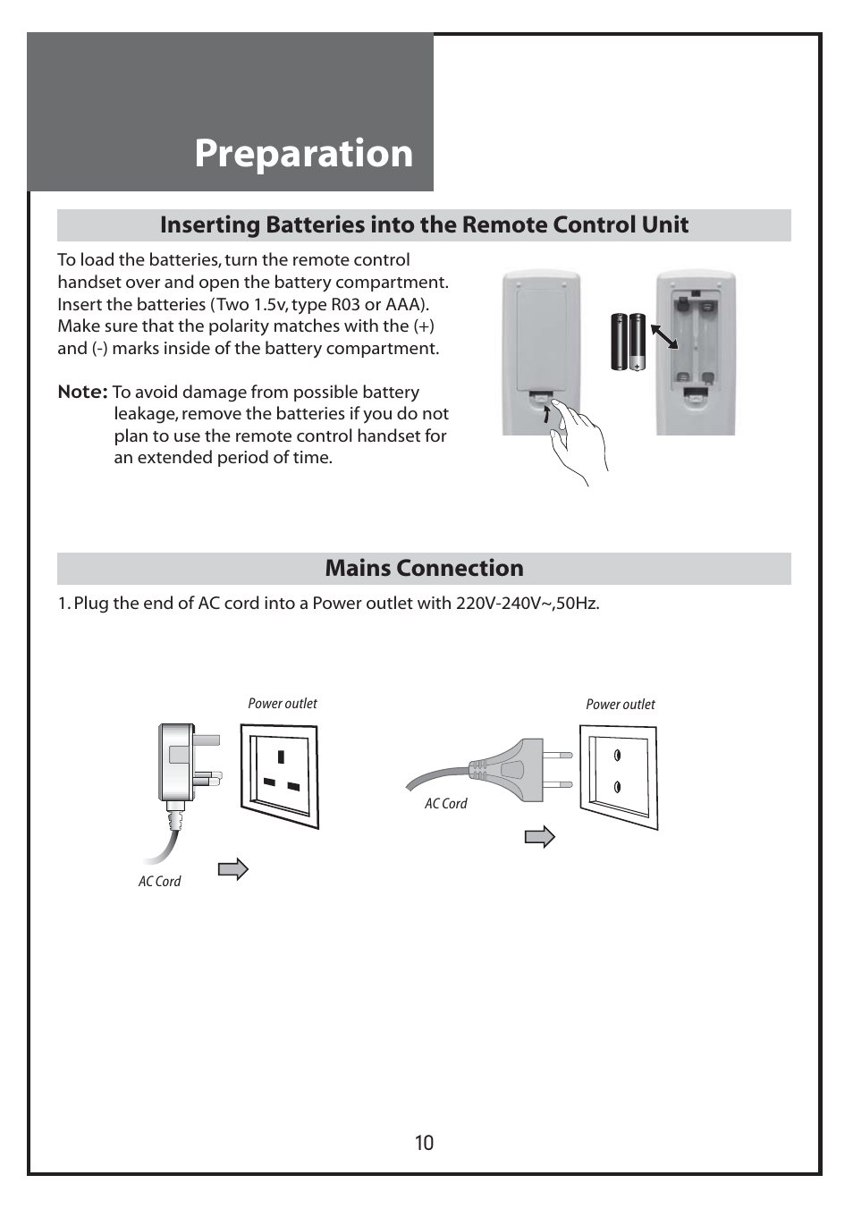 Preparation, Inserting batteries into the remote control unit, Mains connection | Daewoo DLP-20J1 User Manual | Page 10 / 31