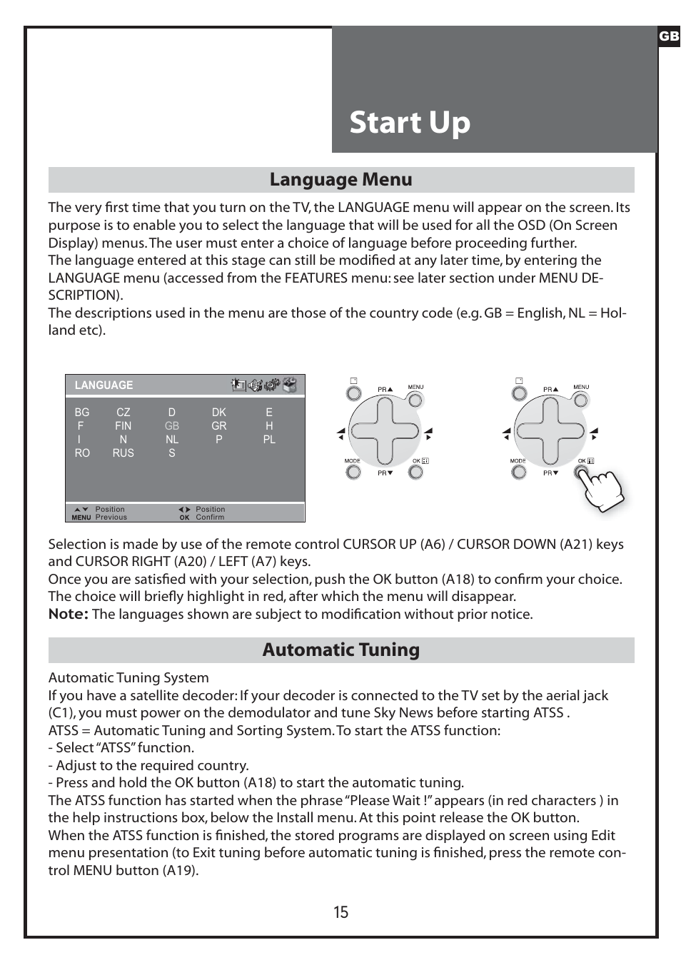 Start up, Language menu, Automatic tuning | Daewoo DLP-20J1 User Manual | Page 15 / 31