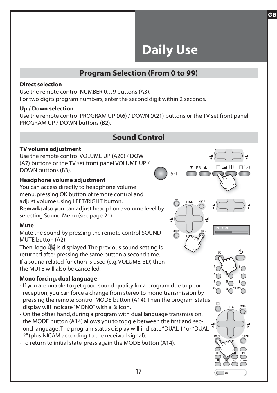 Daily use, Program selection (from 0 to 99), Sound control | Daewoo DLP-20J1 User Manual | Page 17 / 31