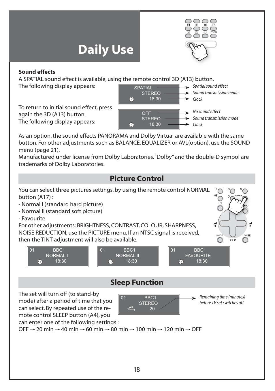 Daily use, Picture control, Sleep function | Daewoo DLP-20J1 User Manual | Page 18 / 31
