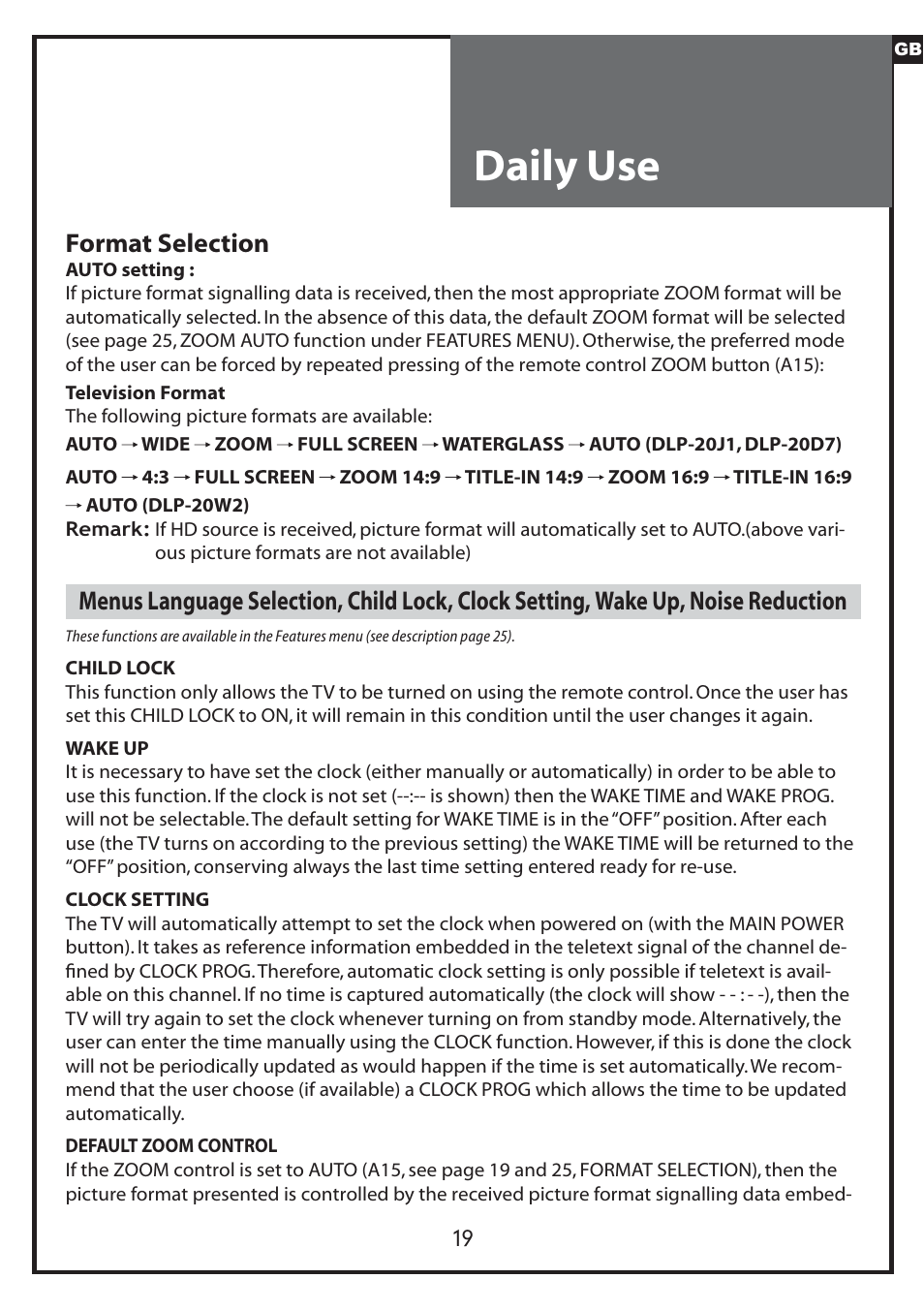 Daily use, Format selection | Daewoo DLP-20J1 User Manual | Page 19 / 31