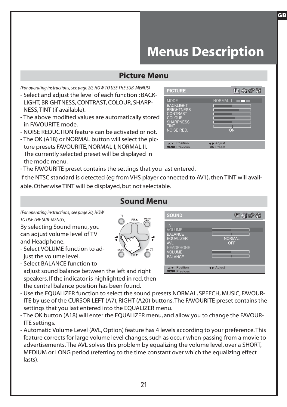 Menus description, Picture menu, Sound menu | Daewoo DLP-20J1 User Manual | Page 21 / 31