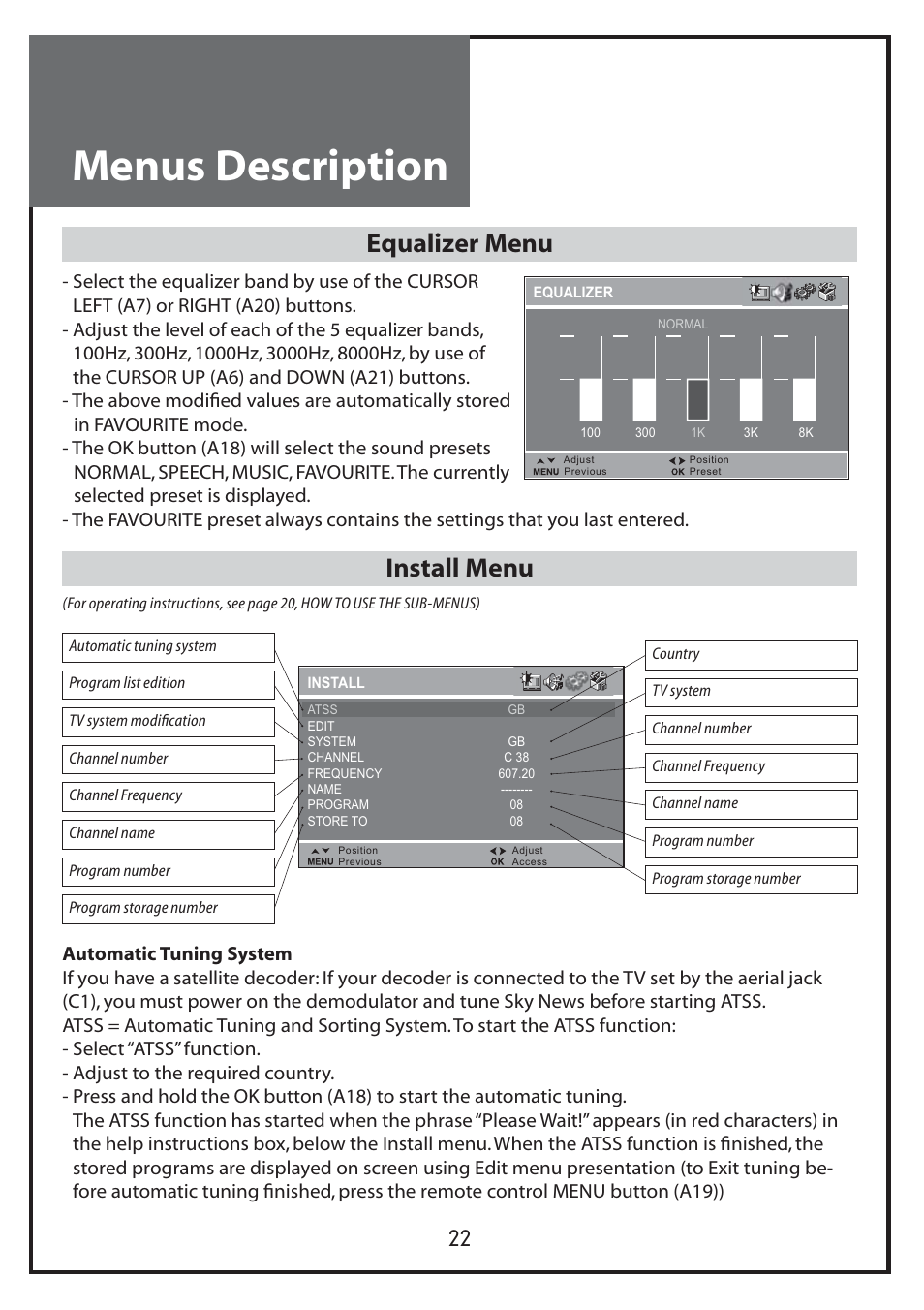 Menus description, Equalizer menu, Install menu | Daewoo DLP-20J1 User Manual | Page 22 / 31