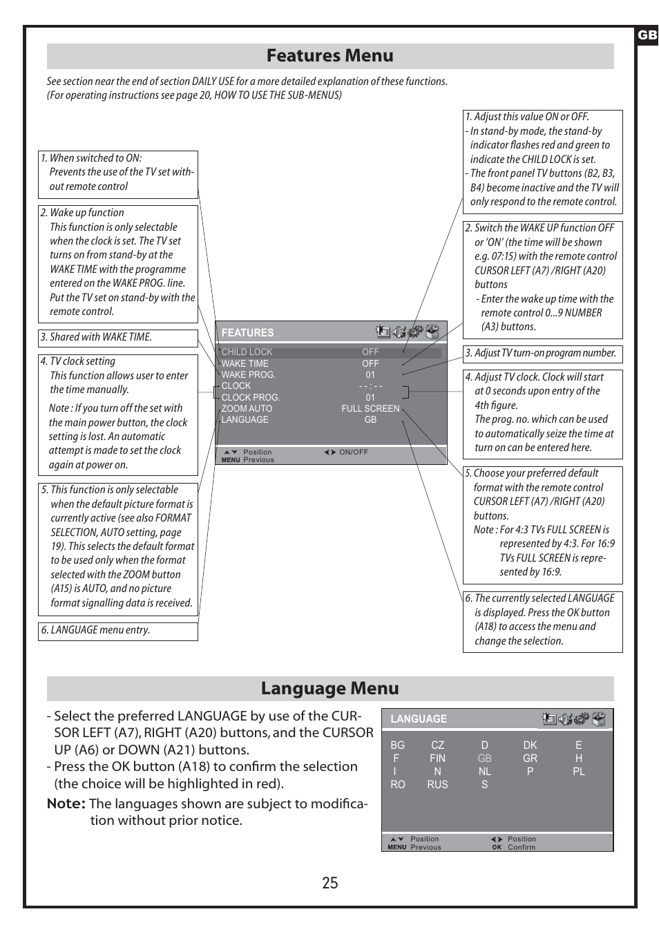 Features menu, Language menu | Daewoo DLP-20J1 User Manual | Page 25 / 31