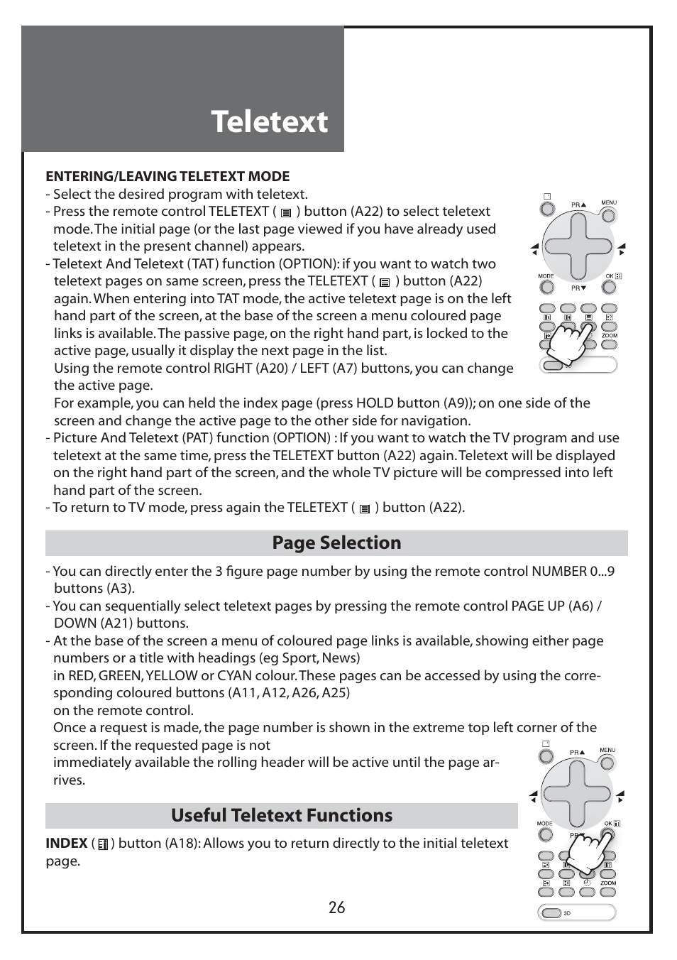 Teletext, Page selection, Useful teletext functions | Daewoo DLP-20J1 User Manual | Page 26 / 31