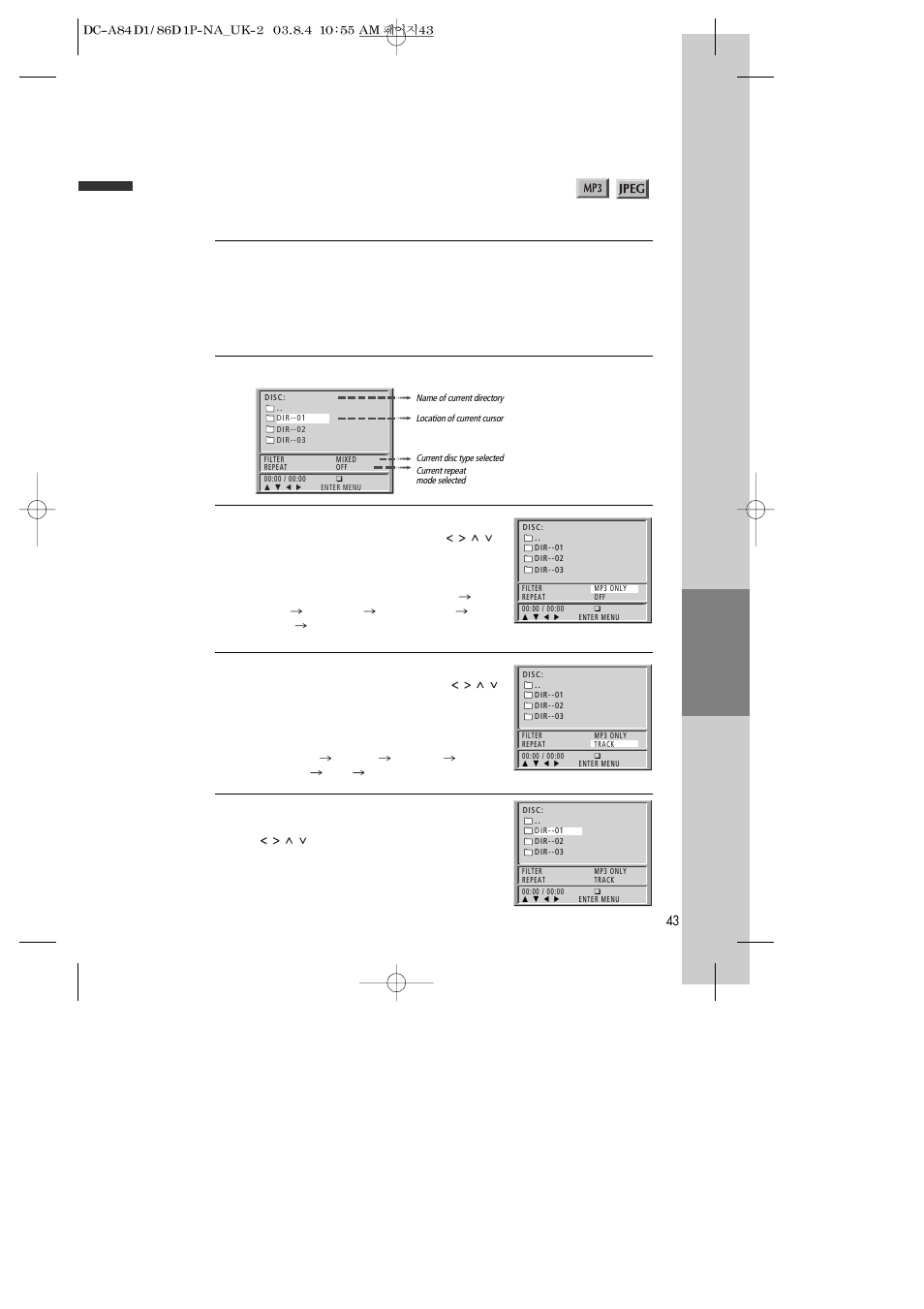 About mp3, jpeg discs, Playing a disc containing mp3, jpeg files | Daewoo SD-9500P User Manual | Page 44 / 58