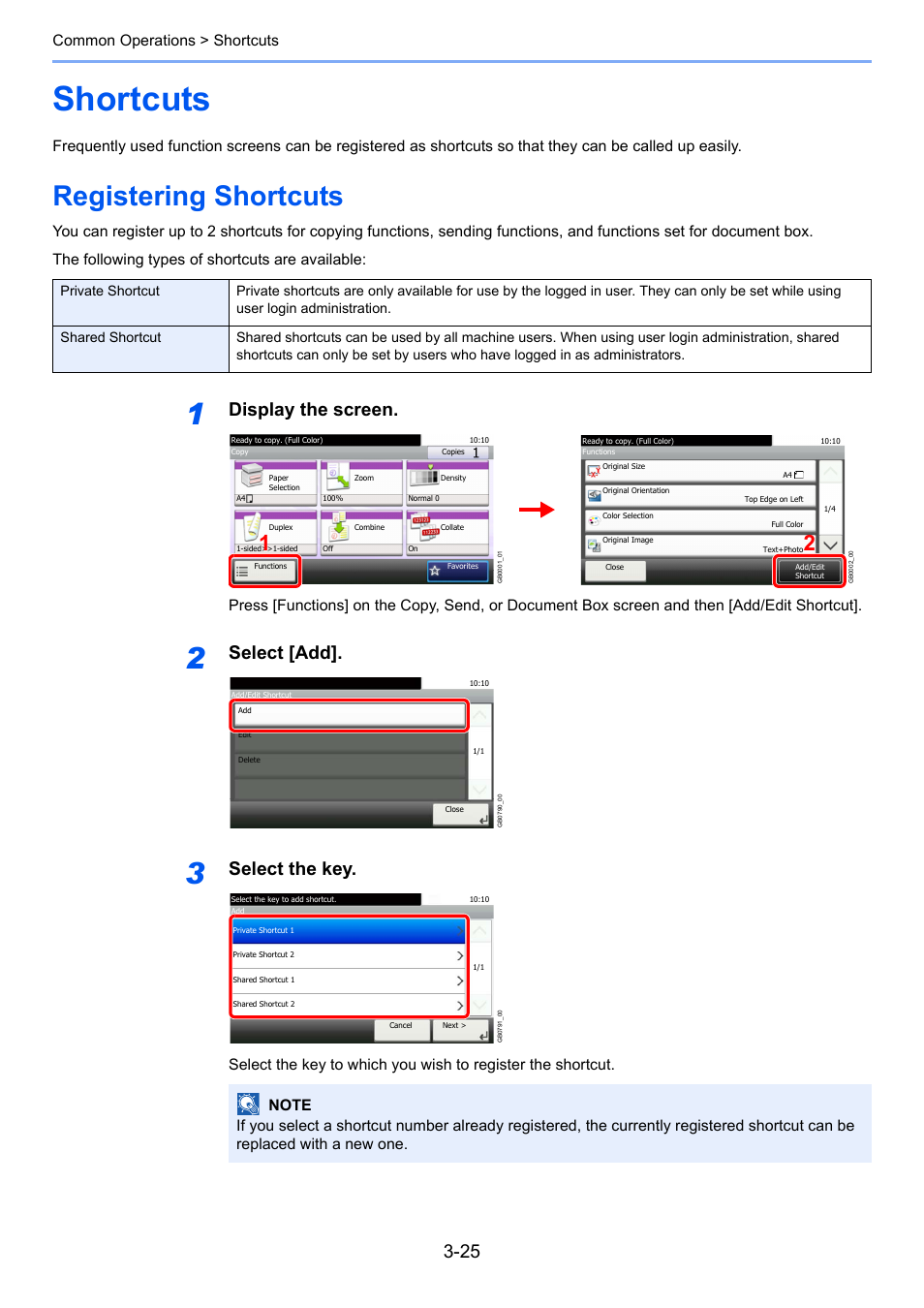 Shortcuts, Registering shortcuts, Shortcuts -25 | Registering shortcuts -25, Ge 3-25, Display the screen, Select [add, Select the key, Common operations > shortcuts | TA Triumph-Adler 261ci User Manual | Page 101 / 396