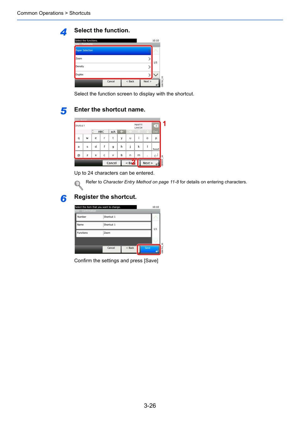 Select the function, Enter the shortcut name, Register the shortcut | Common operations > shortcuts, Up to 24 characters can be entered, Confirm the settings and press [save | TA Triumph-Adler 261ci User Manual | Page 102 / 396