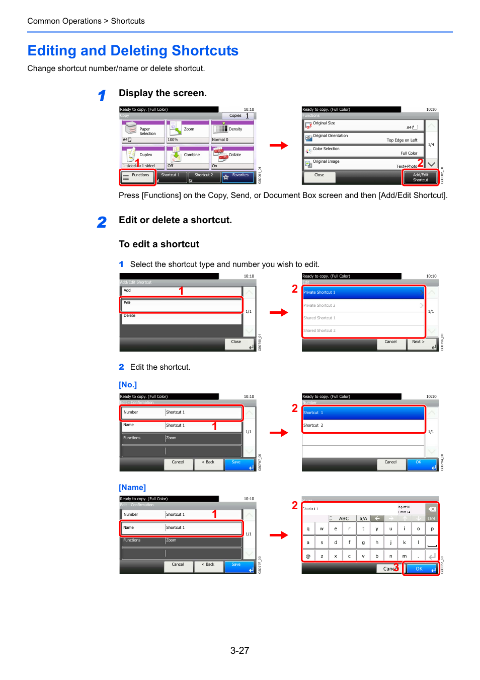 Editing and deleting shortcuts, Editing and deleting shortcuts -27, Display the screen | Edit or delete a shortcut. to edit a shortcut, Common operations > shortcuts, Change shortcut number/name or delete shortcut | TA Triumph-Adler 261ci User Manual | Page 103 / 396