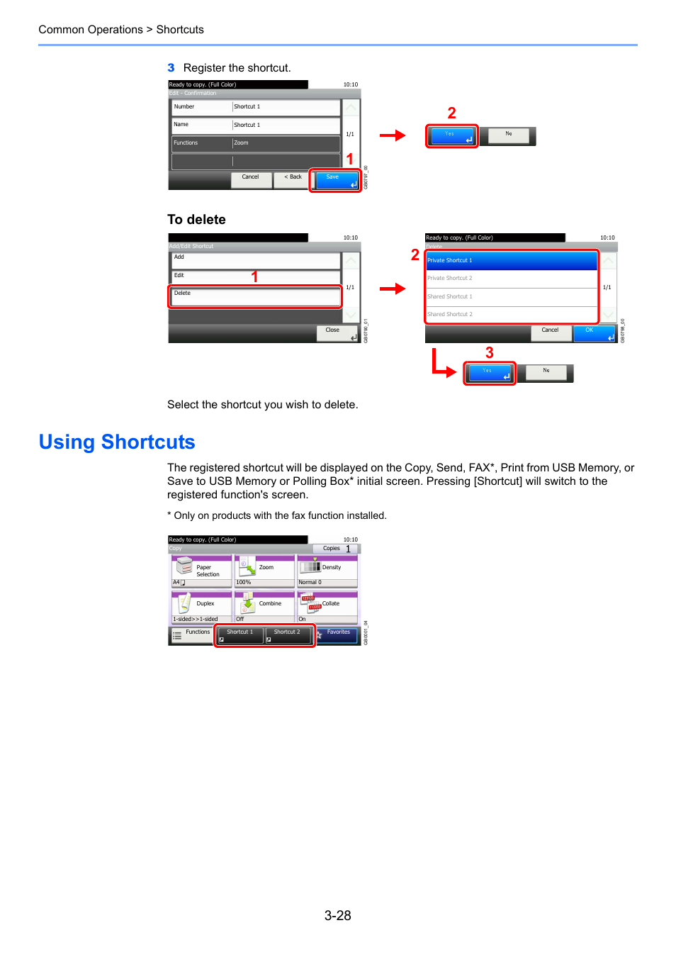 Using shortcuts, Using shortcuts -28, Select the shortcut you wish to delete | Only on products with the fax function installed | TA Triumph-Adler 261ci User Manual | Page 104 / 396