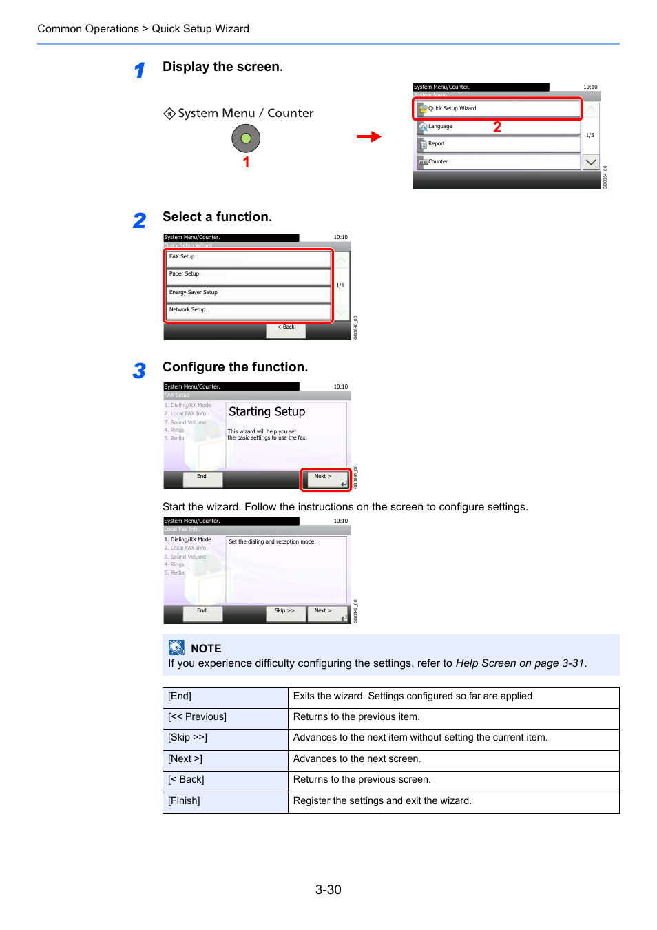 Display the screen, Select a function, Configure the function | Common operations > quick setup wizard | TA Triumph-Adler 261ci User Manual | Page 106 / 396