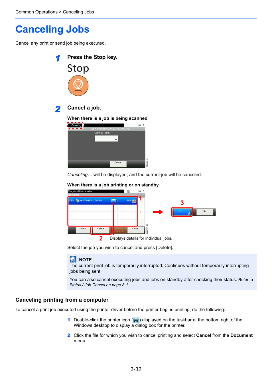 Canceling jobs, Canceling jobs -32, Press the stop key | Cancel a job, Canceling printing from a computer | TA Triumph-Adler 261ci User Manual | Page 108 / 396