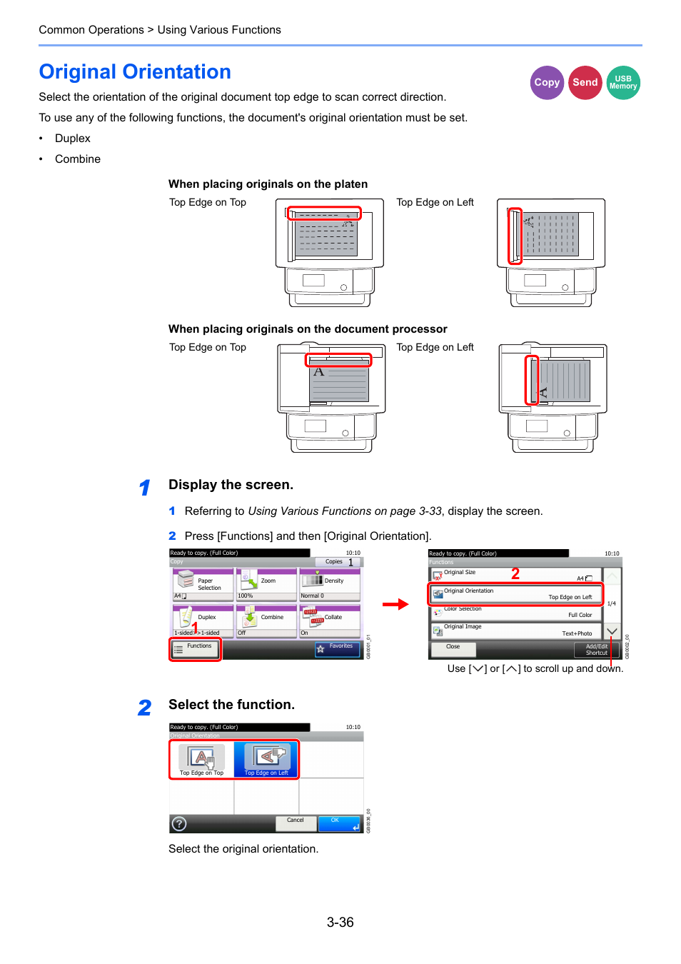 Original orientation, Original orientation -36, Display the screen | Select the function, Common operations > using various functions, Select the original orientation | TA Triumph-Adler 261ci User Manual | Page 112 / 396
