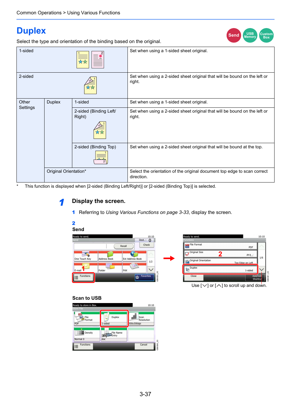 Duplex, Duplex -37, Display the screen | Common operations > using various functions, Send, Scan to usb | TA Triumph-Adler 261ci User Manual | Page 113 / 396