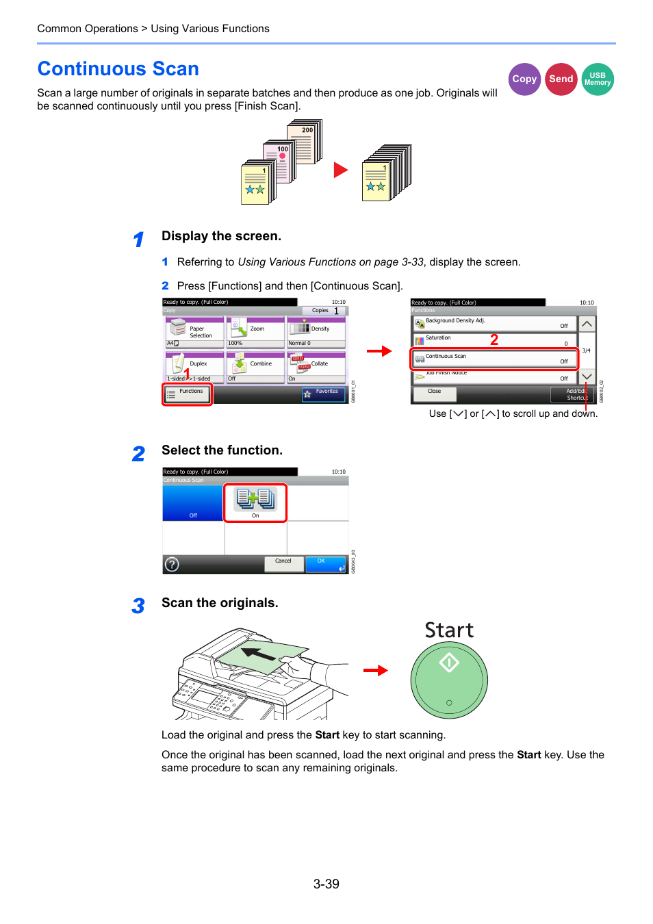 Continuous scan, Continuous scan -39, Display the screen | Select the function, Scan the originals, Common operations > using various functions | TA Triumph-Adler 261ci User Manual | Page 115 / 396