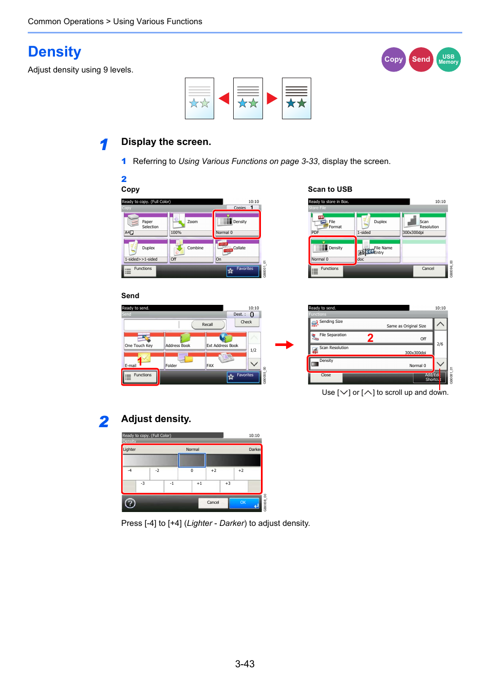 Density, Density -43, E 3-43 | Display the screen, Adjust density, Common operations > using various functions, Adjust density using 9 levels, Copy send, Copy scan to usb, Send | TA Triumph-Adler 261ci User Manual | Page 119 / 396