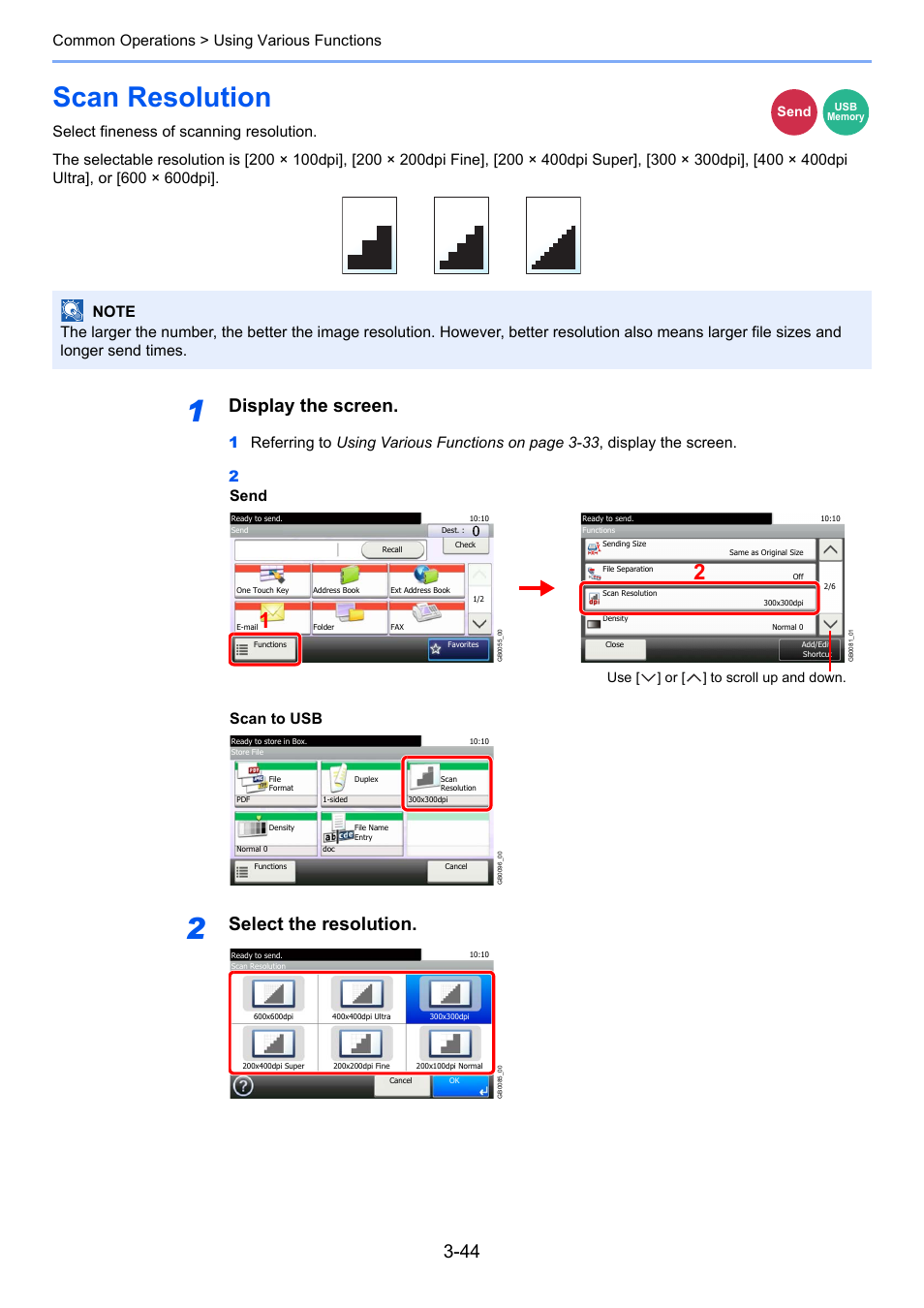 Scan resolution, Scan resolution -44, Ge 3-44 ) | Display the screen, Select the resolution, Common operations > using various functions, Scan to usb, Send, Use [ ] or [ ] to scroll up and down | TA Triumph-Adler 261ci User Manual | Page 120 / 396