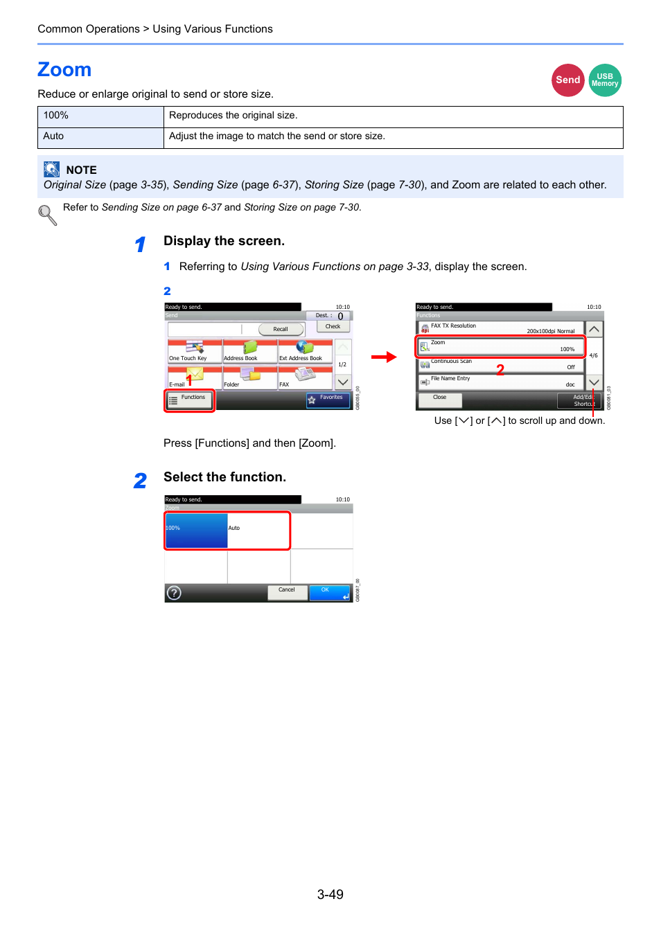 Zoom, Zoom -49, Display the screen | Select the function, Common operations > using various functions, Reduce or enlarge original to send or store size | TA Triumph-Adler 261ci User Manual | Page 125 / 396