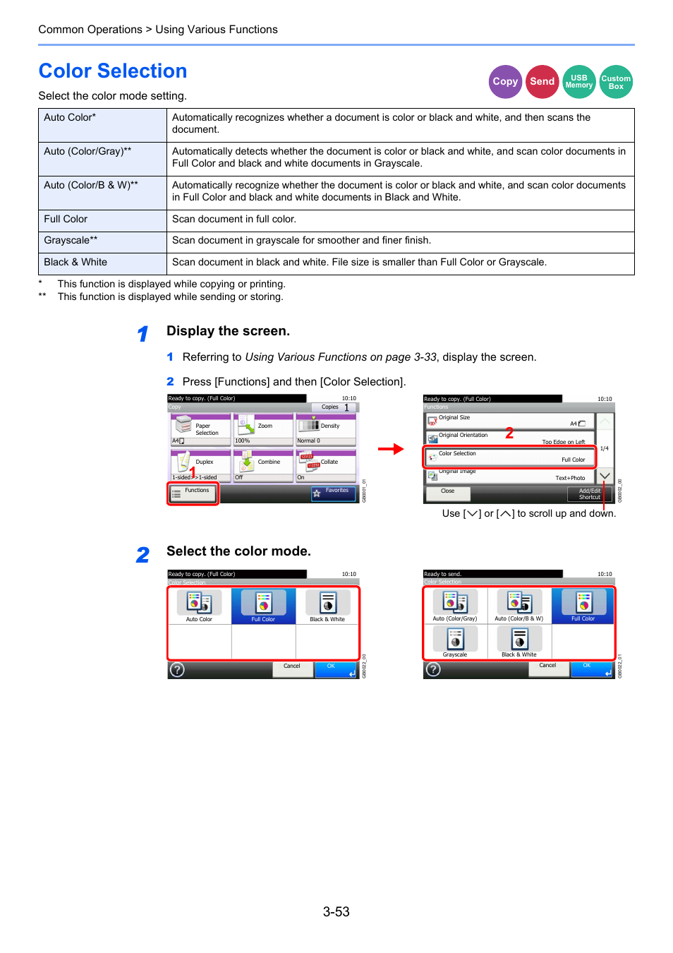 Color selection, Color selection -53, Display the screen | Select the color mode, Common operations > using various functions, Select the color mode setting | TA Triumph-Adler 261ci User Manual | Page 129 / 396