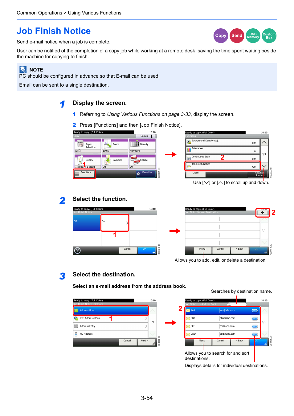 Job finish notice, Job finish notice -54, Age 3-54 | Display the screen, Select the function, Select the destination, Common operations > using various functions, Copy send, Use [ ] or [ ] to scroll up and down, Allows you to add, edit, or delete a destination | TA Triumph-Adler 261ci User Manual | Page 130 / 396