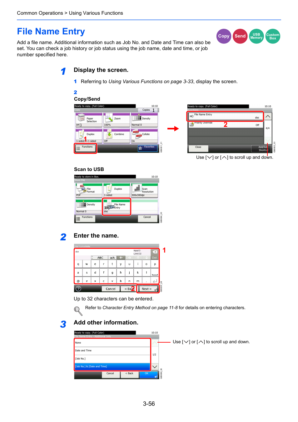 File name entry, File name entry -56, Ge 3-56 | Display the screen, Enter the name, Add other information, Common operations > using various functions, Up to 32 characters can be entered, Copy/send, Scan to usb | TA Triumph-Adler 261ci User Manual | Page 132 / 396