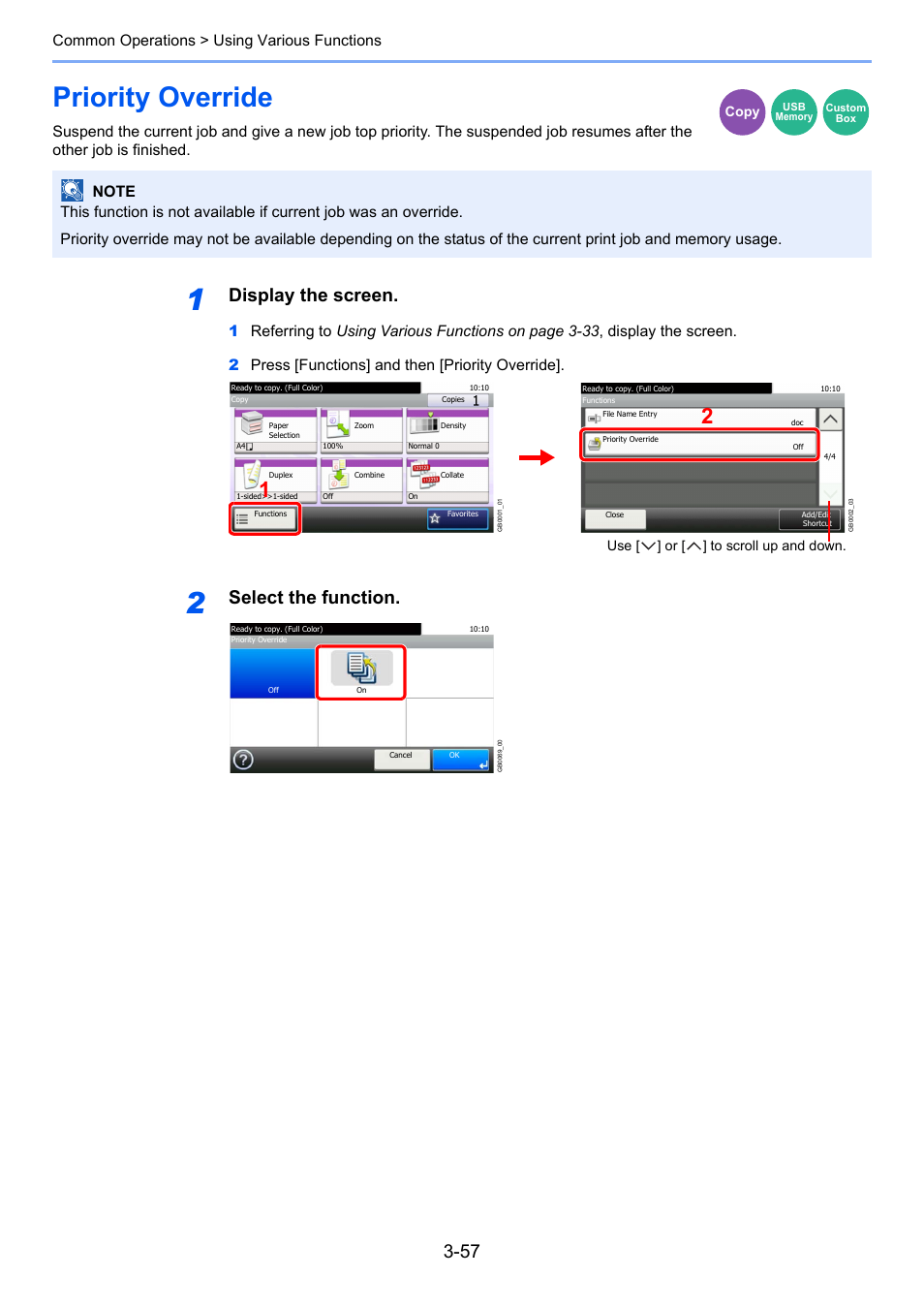 Priority override, Priority override -57, Age 3-57 | Display the screen, Select the function, Common operations > using various functions | TA Triumph-Adler 261ci User Manual | Page 133 / 396