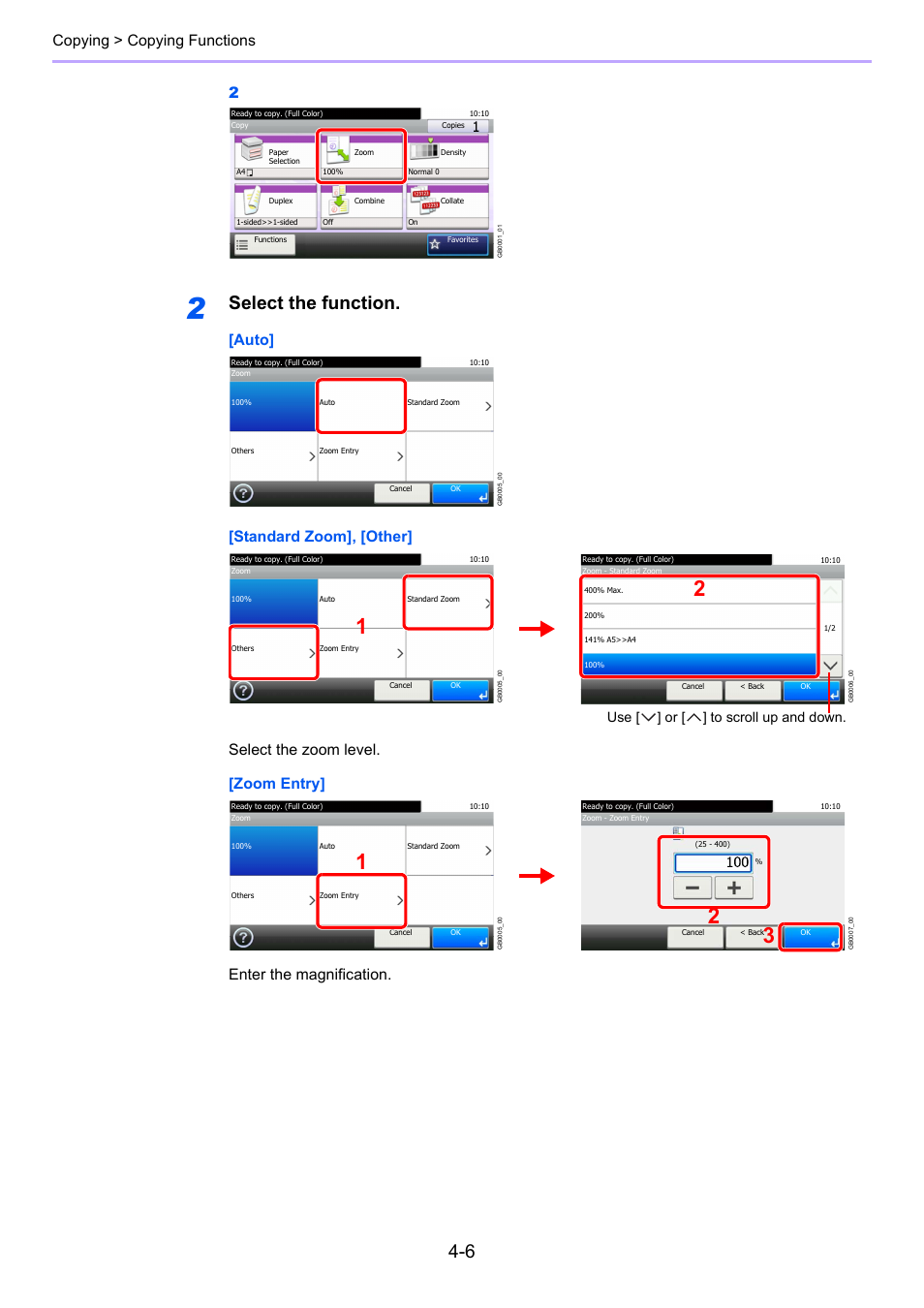 Select the function, Copying > copying functions 2, Use [ ] or [ ] to scroll up and down | TA Triumph-Adler 261ci User Manual | Page 140 / 396