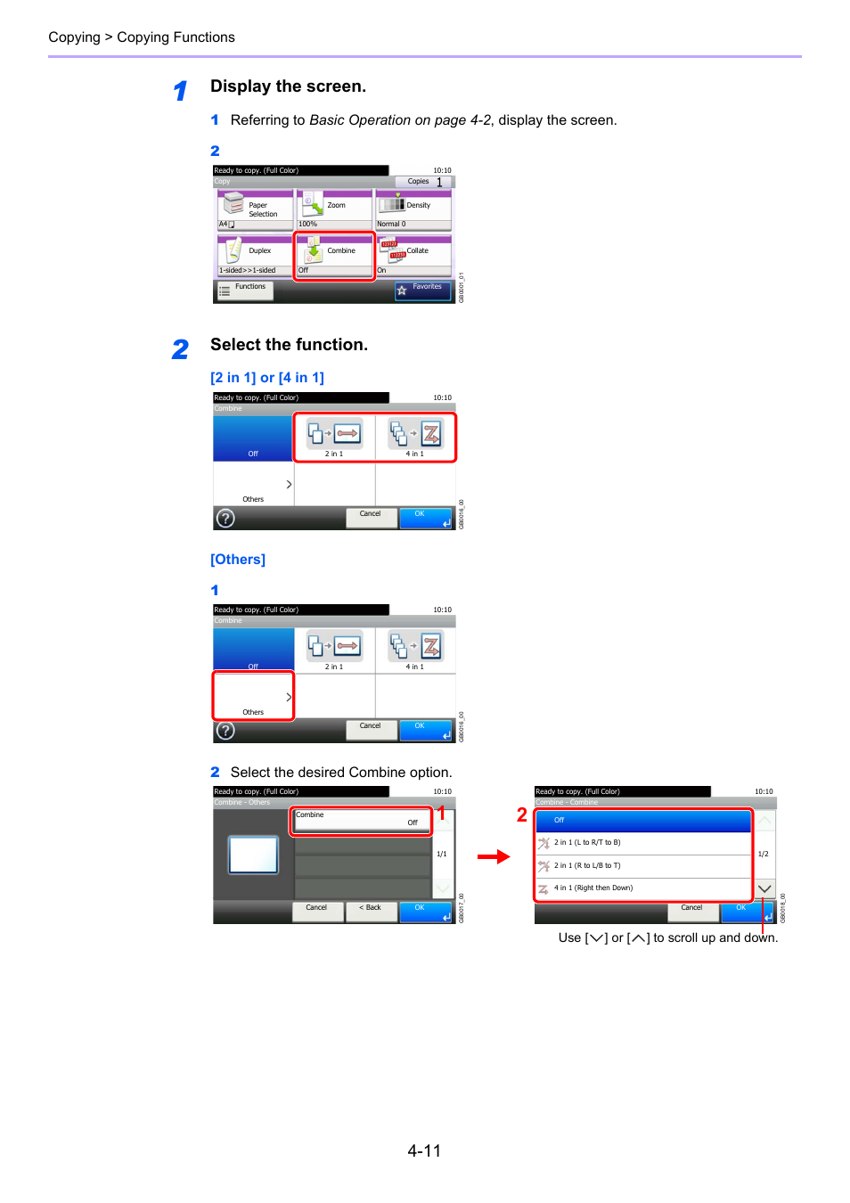 Display the screen, Select the function, Copying > copying functions | Use [ ] or [ ] to scroll up and down | TA Triumph-Adler 261ci User Manual | Page 145 / 396
